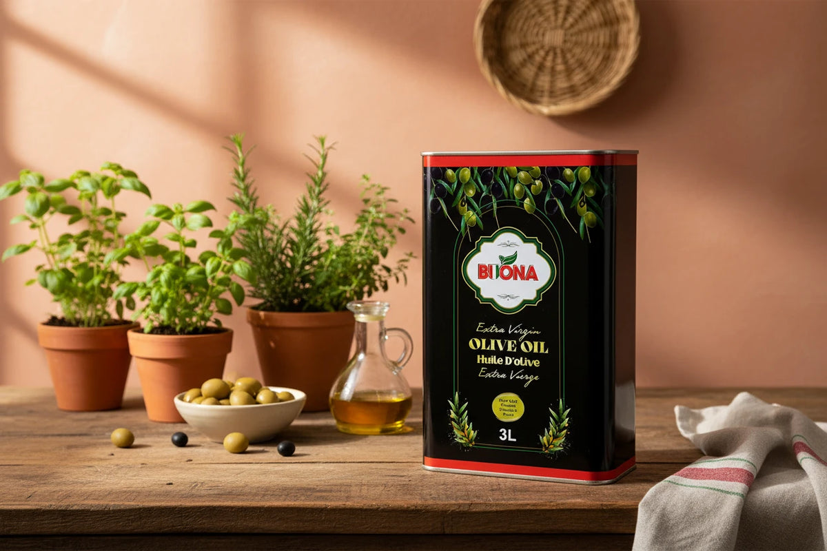 Biona Extra Virgin Olive Oil can with olive leaf design on a white background