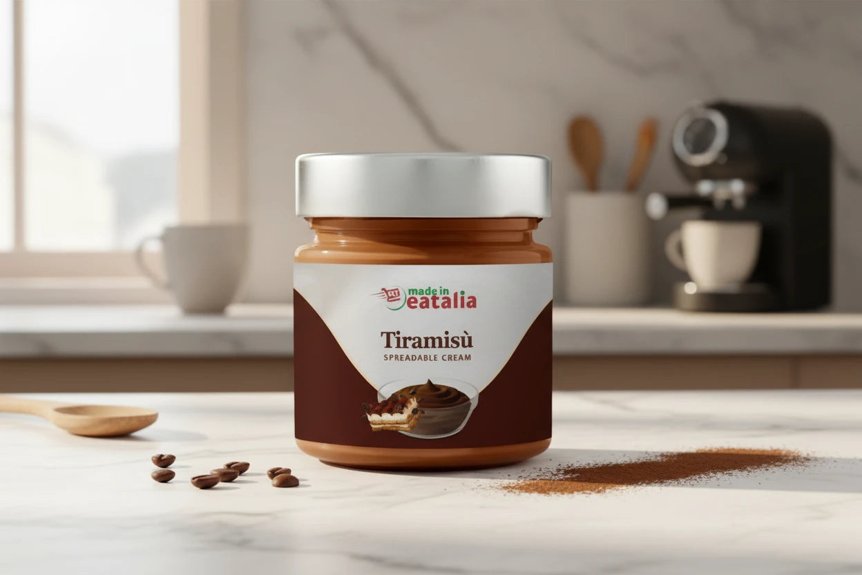 Jar of Tiramisu Spreadable Cream with 'made in eatalia' label on a white background