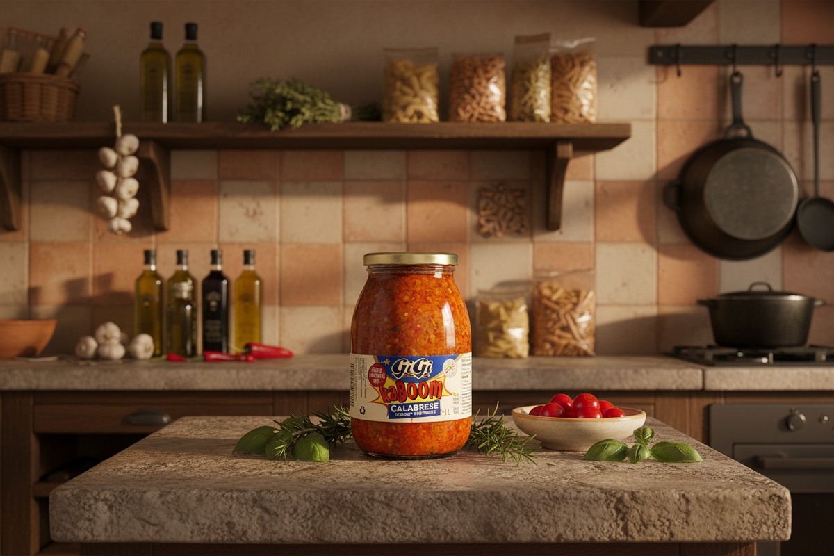 Jar of spicy spread with 'Gigi' label on a kitchen counter