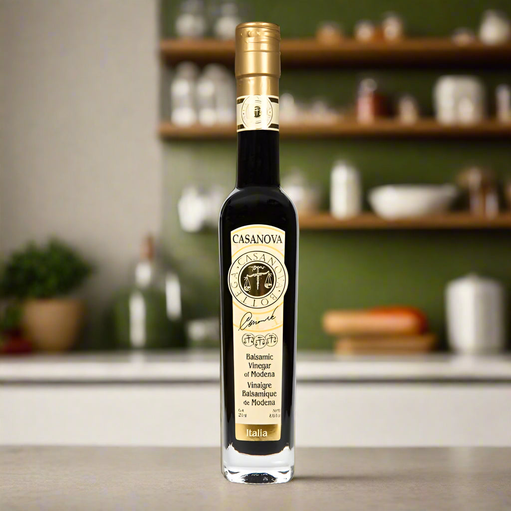 Bottle of Casanova balsamic vinegar on a white background