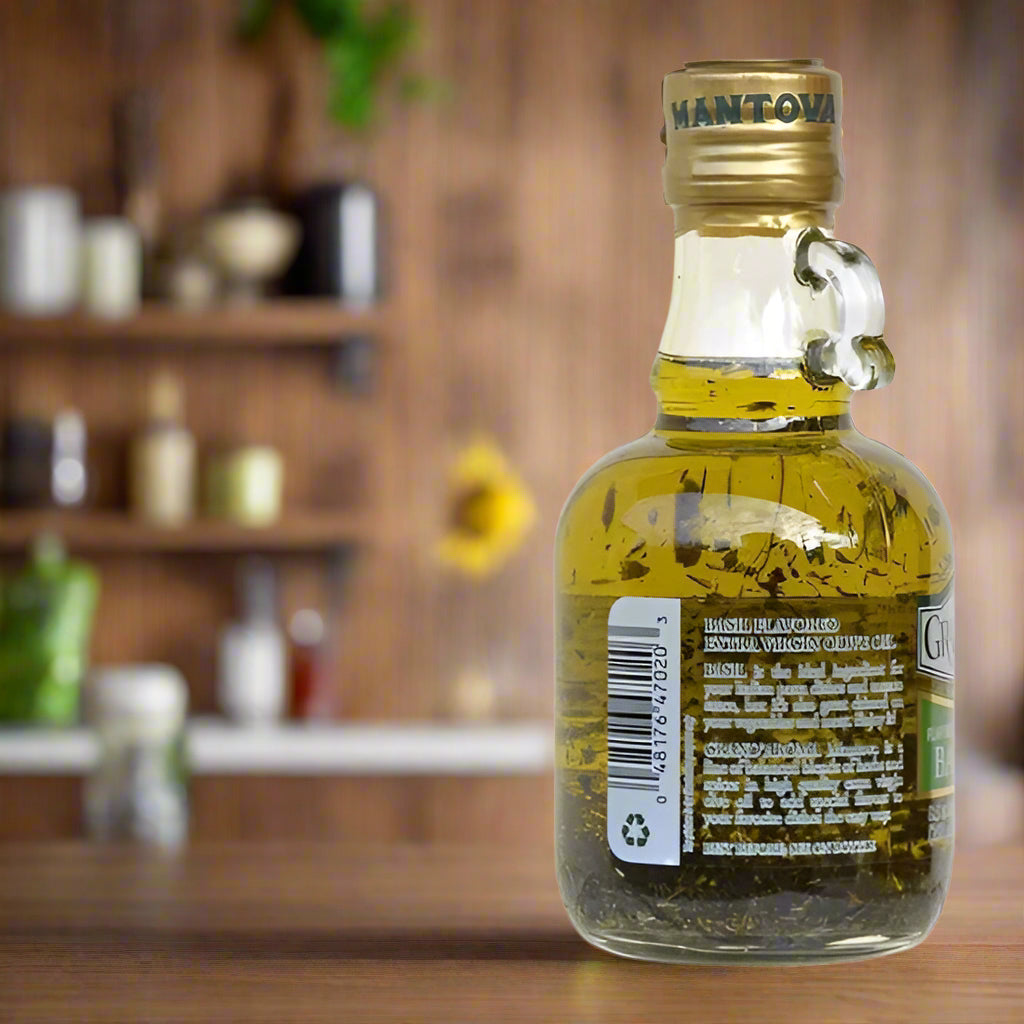 Bottle of olive oil with nutrition facts label on a white background