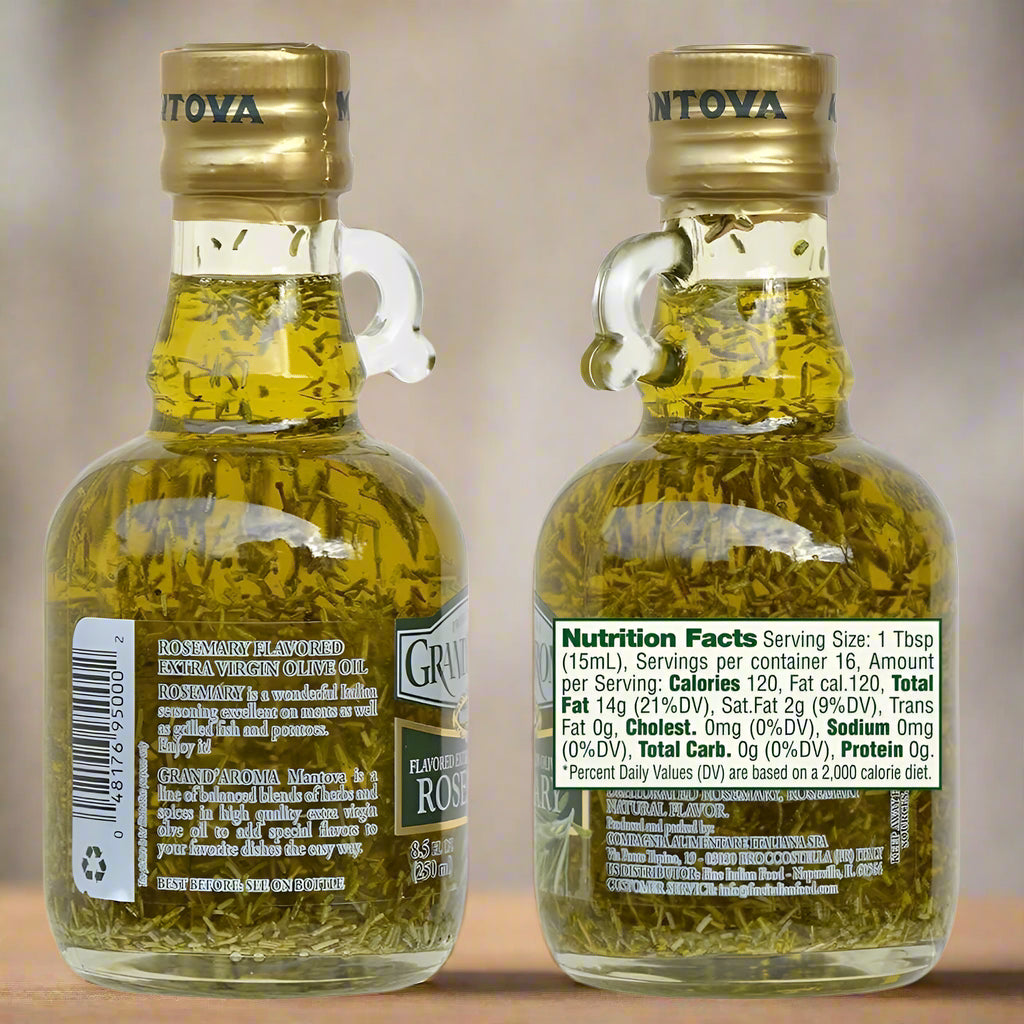 Two bottles of Grapovita olive oil with labels showing nutritional information on a white background.