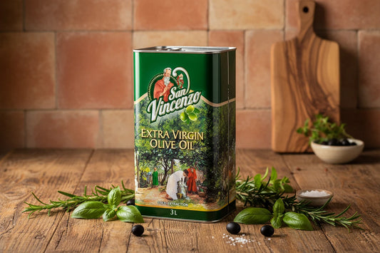 A 3L metal tin of San Vincenzo Extra Virgin Olive Oil on a plain white background.