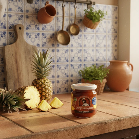 Jar of Quintil dos Açores pineapple jam on a white background