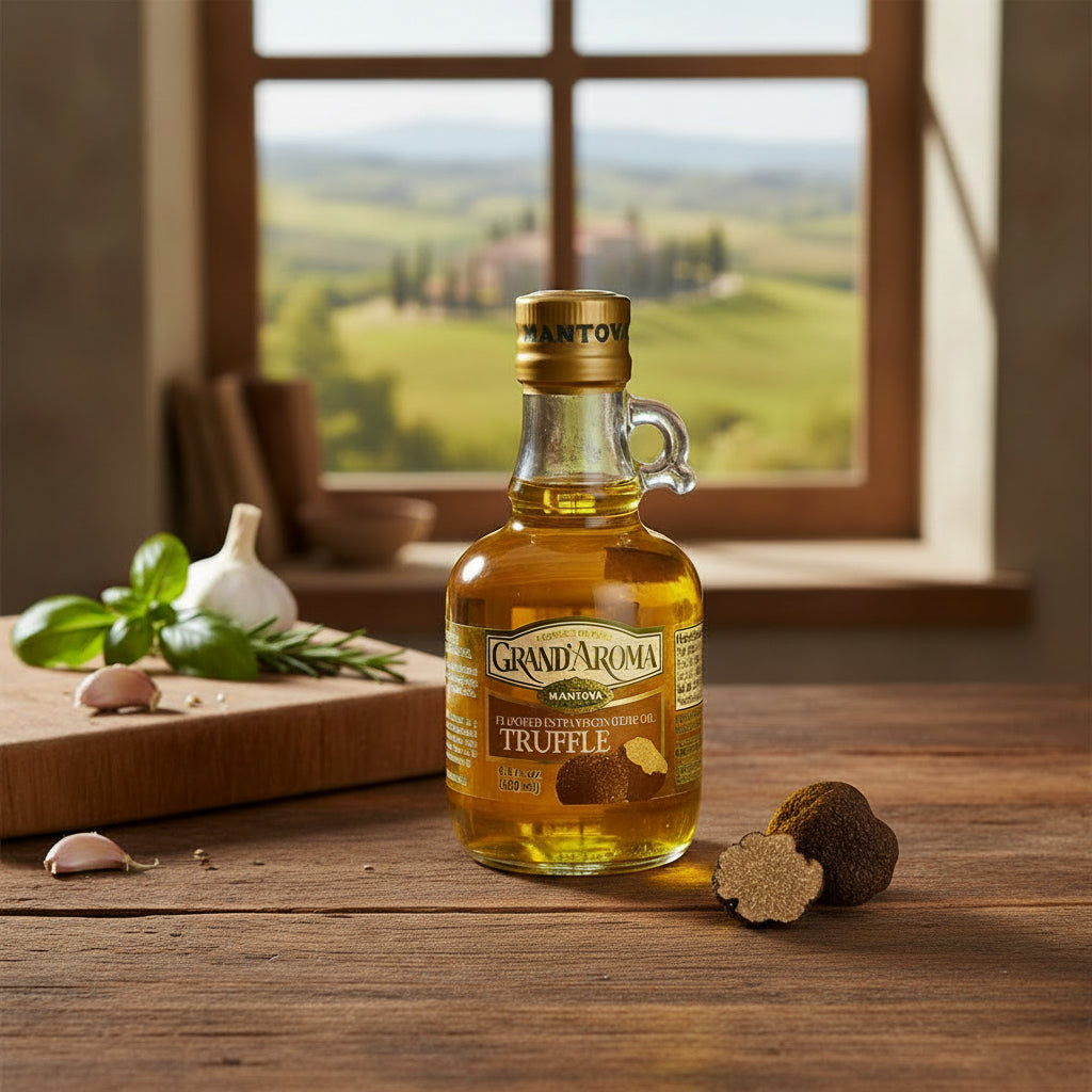 Bottle of Grand Aroma Truffle olive oil on a white background