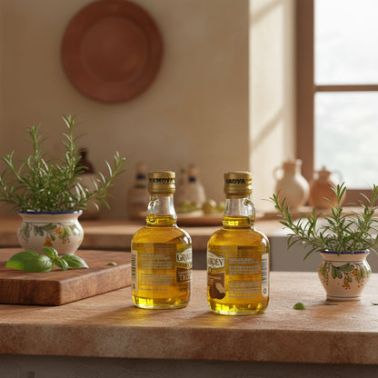 Two small bottles of Grand Aroma Truffle Oil shown side by side on a white background, displaying the golden-yellow oil and detailed label information.