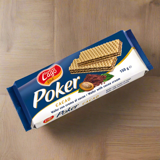 Poker wafer bar packaging on a wooden surface