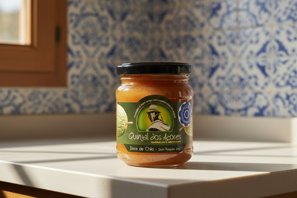 Jar of Quintal dos Açores Sam Pumpkin Jam with a green label on a white background