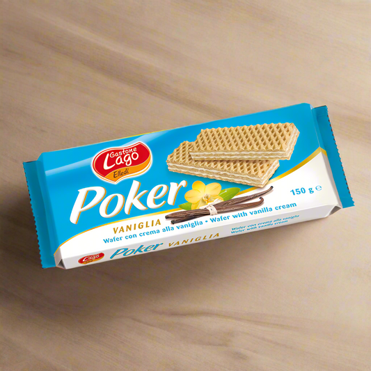 Poker wafer bar with vanilla cream on a wooden surface