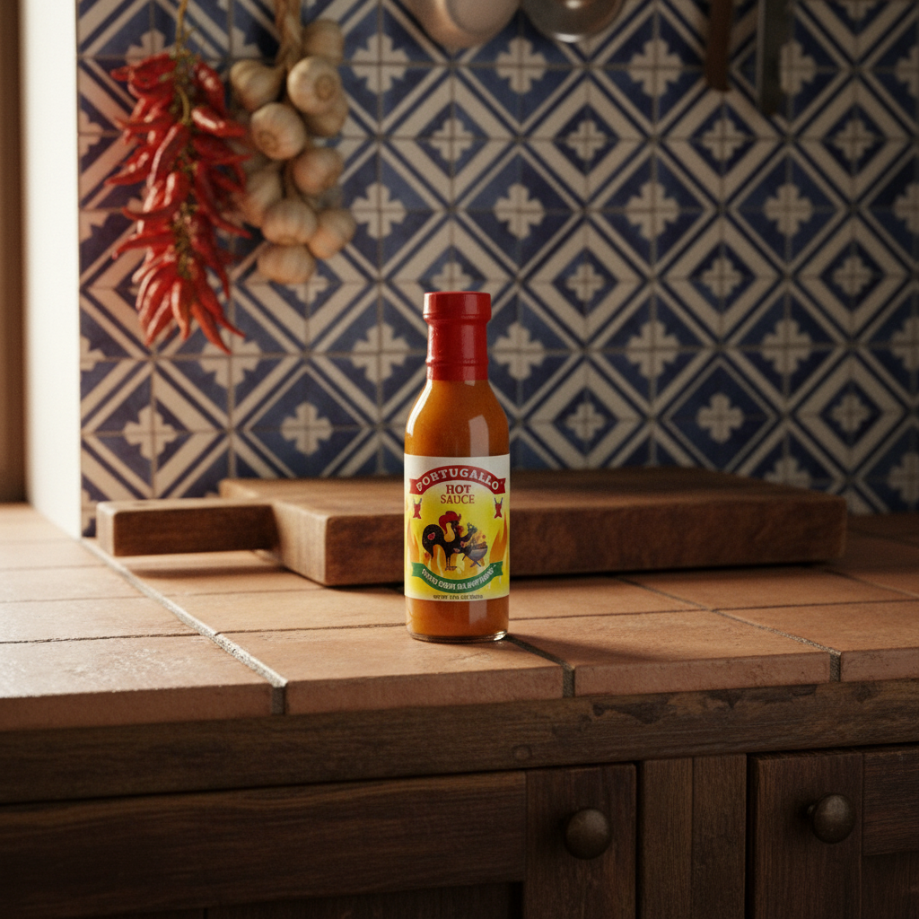 A bottle of Portugal Hot Sauce with a red cap and a yellow label featuring a cartoon illustration, set against a plain white background.
