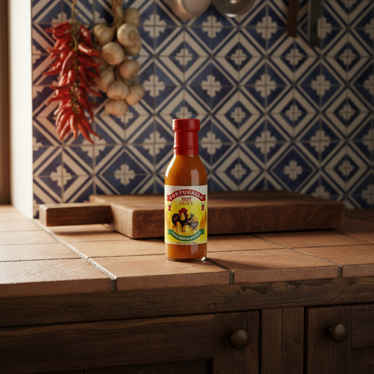 A bottle of Portugal Hot Sauce with a red cap and a yellow label featuring a cartoon illustration, set against a plain white background.