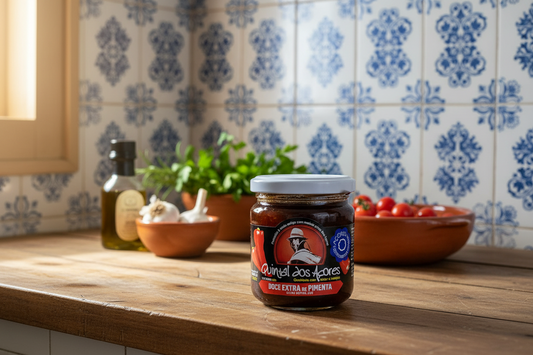 Jar of Quintal dos Acores pepper jam with a white background