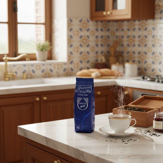 Blue package of Goca Preto Pekoe tea on a white background