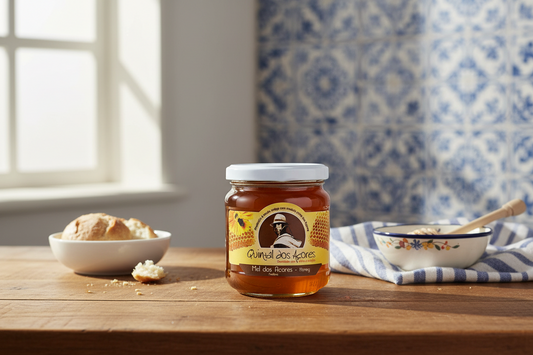 Jar of honey with a label featuring a person and sunflower on a white background