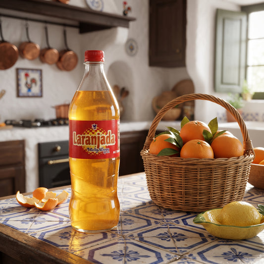 A bottle of Laramjada orange soda stands on a tiled kitchen counter beside a wicker basket of oranges and a lemon, with a warm kitchen interior in the background.