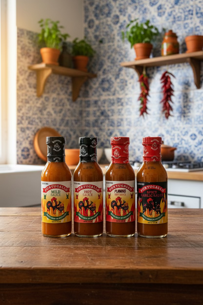 Four bottles of Portugal 1917 hot sauce lined up on a floral mat on a wooden table. The bottles are labeled Mild Sauce, Hot Sauce, Flaming Sauce, and Spicy Garlic Sauce.