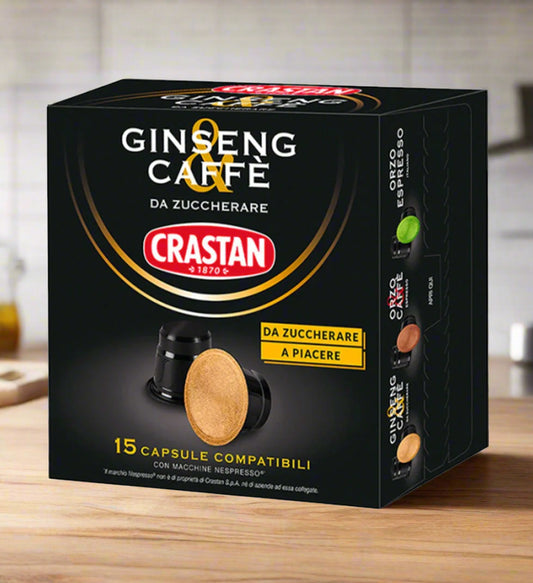 Box of Crastan Ginseng & Caffè coffee capsules on a white background