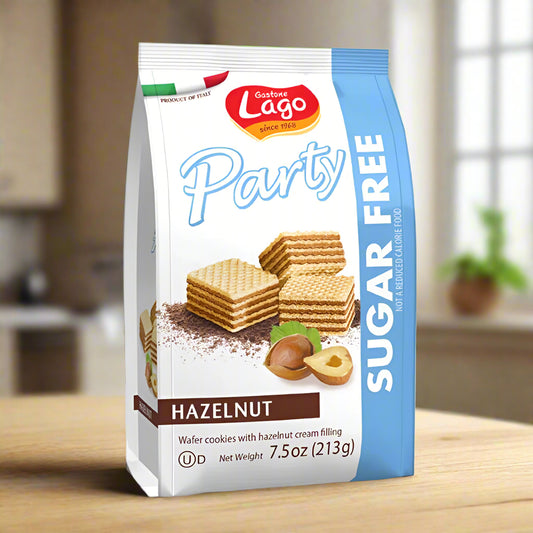 Lago Party sugar-free hazelnut cookies packaging on a white background