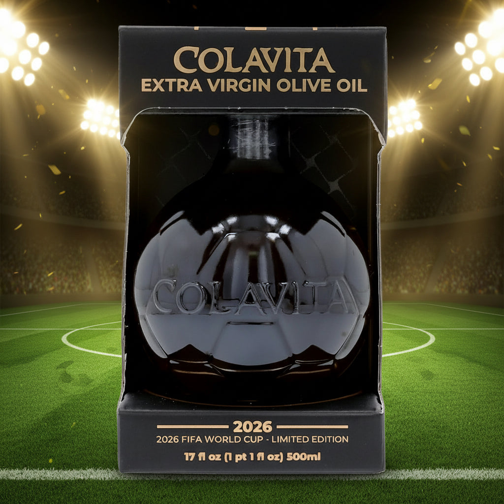 Colavita Extra Virgin Olive Oil packaging with a black background