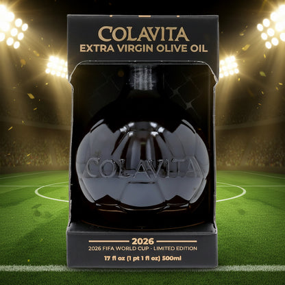 Colavita Extra Virgin Olive Oil packaging with a black background