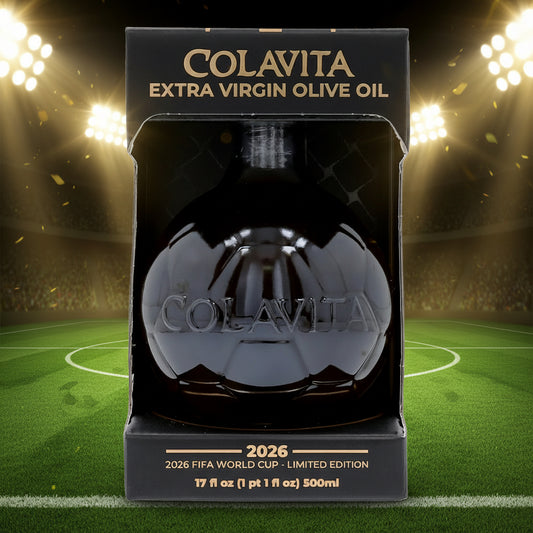Colavita Extra Virgin Olive Oil packaging with a black background