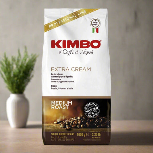 Kimbo Extra Cream coffee beans packaging on a white background