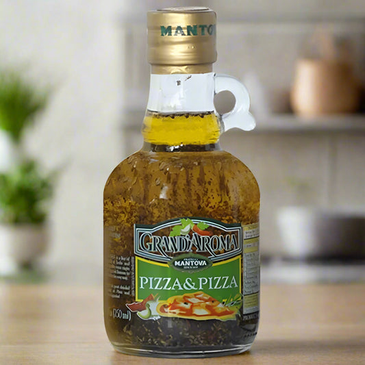 Bottle of Grandi Aromi pizza seasoning on a white background