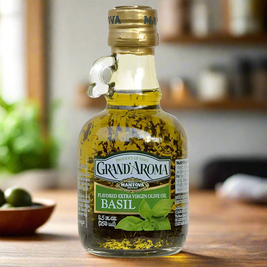 Bottle of Grand'Aroma basil-flavored extra virgin olive oil on a white background