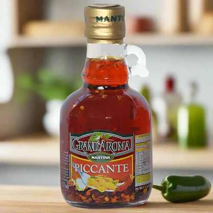 Bottle of Grand'Arroma Piccante sauce with a gold cap on a white background