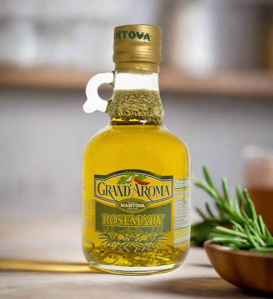 Bottle of Grand'Aroma Rosemary oil with a gold cap on a white background