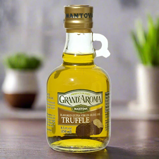 Bottle of Grand Aroma Truffle olive oil on a white background