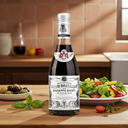 Bottle of Giuseppe Giusti Modena on a wooden surface with a neutral background