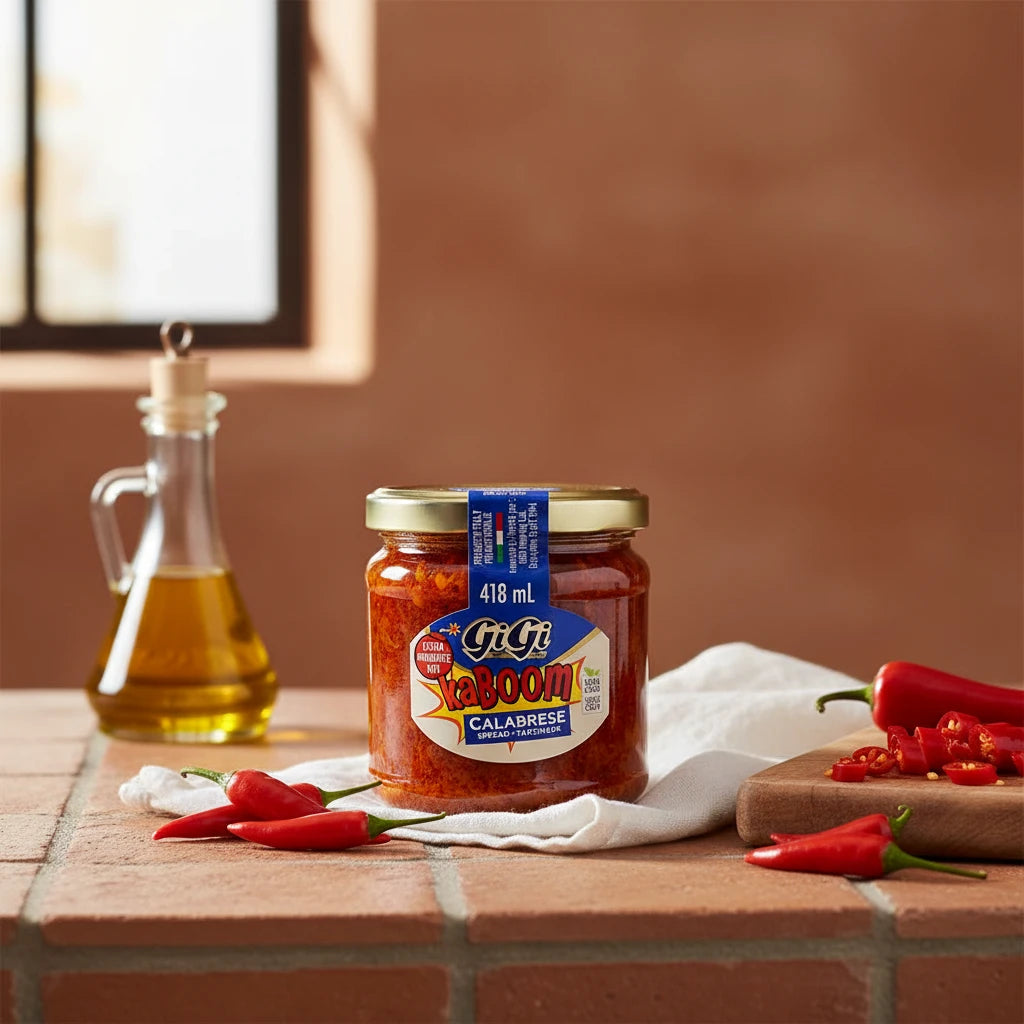 GiGi Kaboom Calabrese spread in a 418 mL glass jar with a gold lid and a blue and white label, shown on a white background.