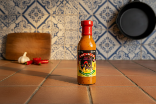 A bottle of Portugalsen Hot Pepper Sauce stands on a terracotta tiled countertop in a kitchen setting, with blue patterned tile backsplash, a wooden cutting board, garlic, red chilies, and a black pan in the background.