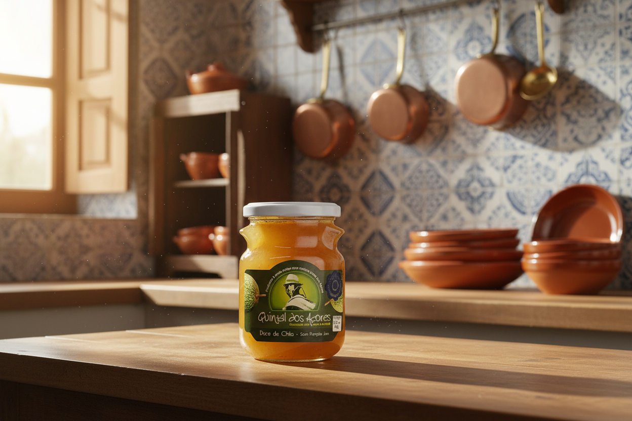 Jar of Quintil dos Acores pumpkin jam on a white background