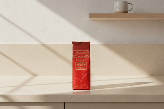 Red package of Gorreana Orange Pekoe tea on a white background